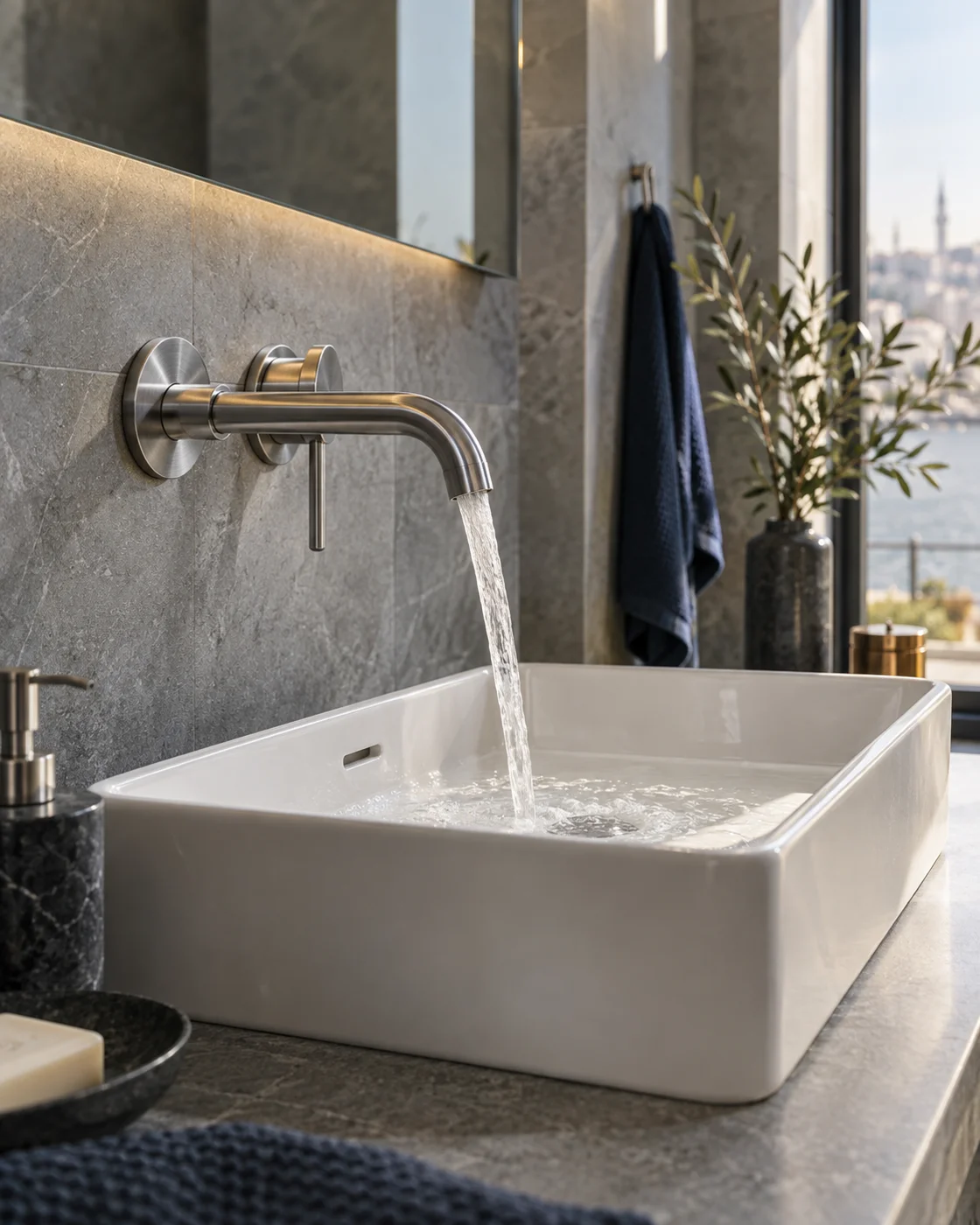 Modern bir banyoda krom batarya ve lavabo; temsili iç mekân görseli